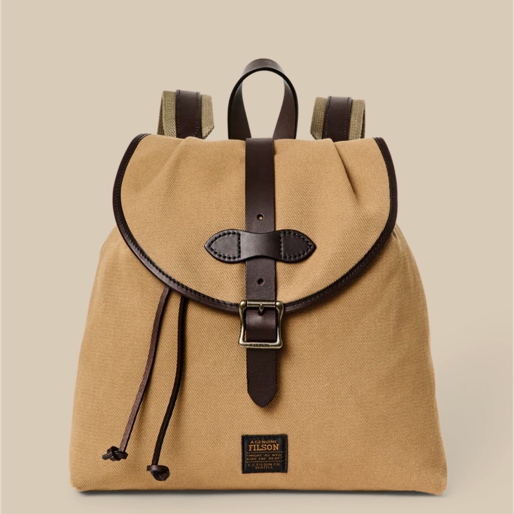 Filson Tan Canvas Drawstring Backpack with Green Lining - Like New